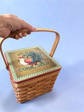 Woven vintage Chicken Feed Basket with Decorative Rooster Lid by Susan Winget